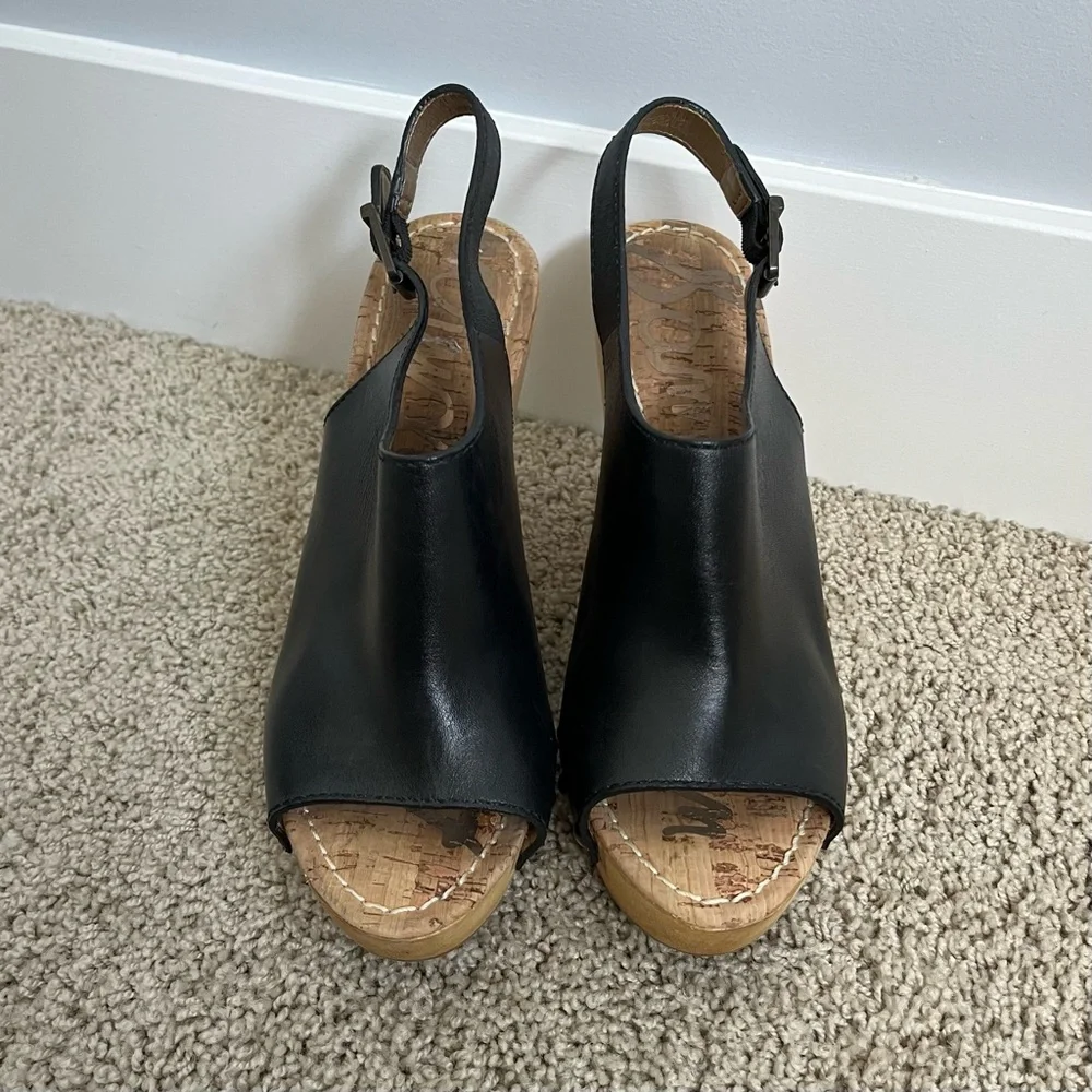 Sam Edelman Camilla Black Leather Studded Cork Wedge Open Toe Sandals Size 9 - Picture 12 of 15